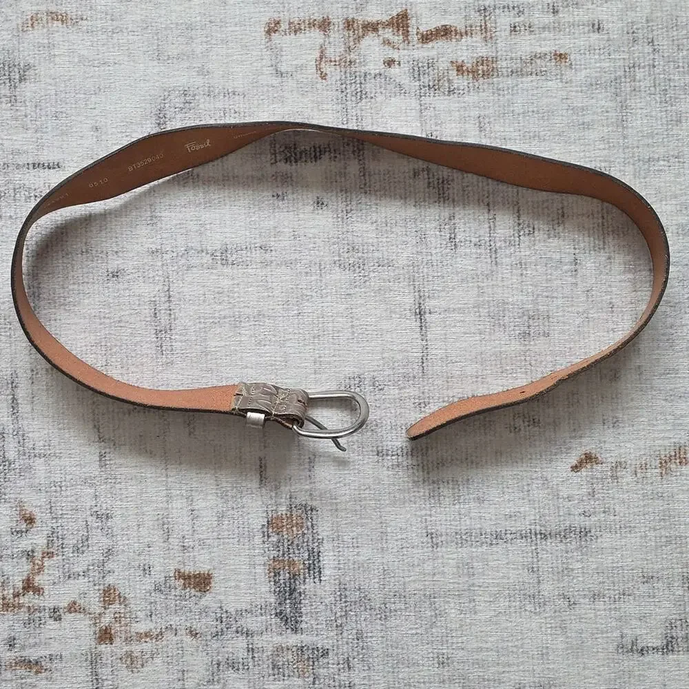 Vintage Fossil Silver Metallic Embossed Textured Genuine Leather Belt Womens L